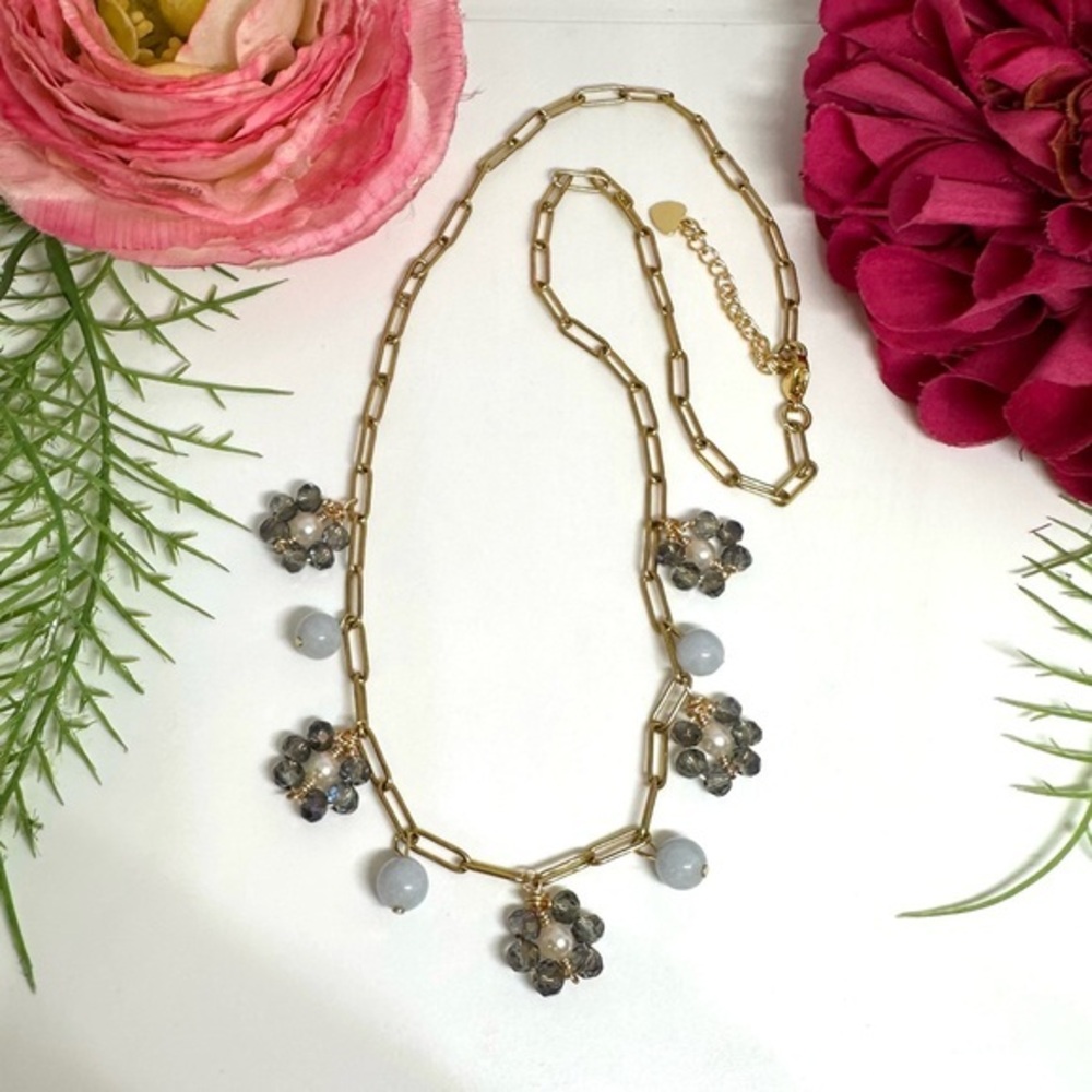 NEW⚜️Raw Aquamarine Freshwater Pearl & Crystal Flower Charm Necklace